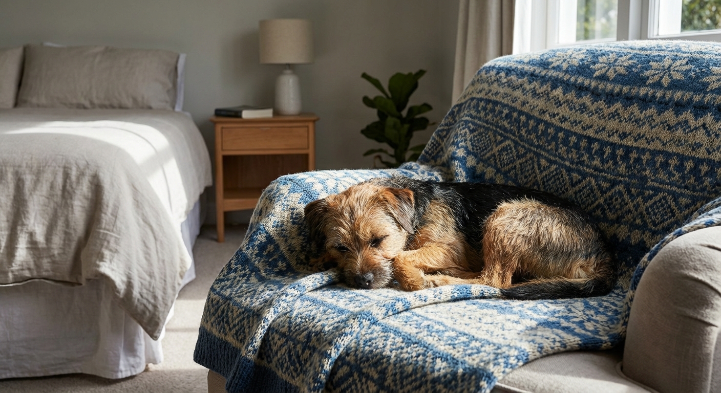 A small mixed-breed dog resting on a blanket in a quiet bedroom