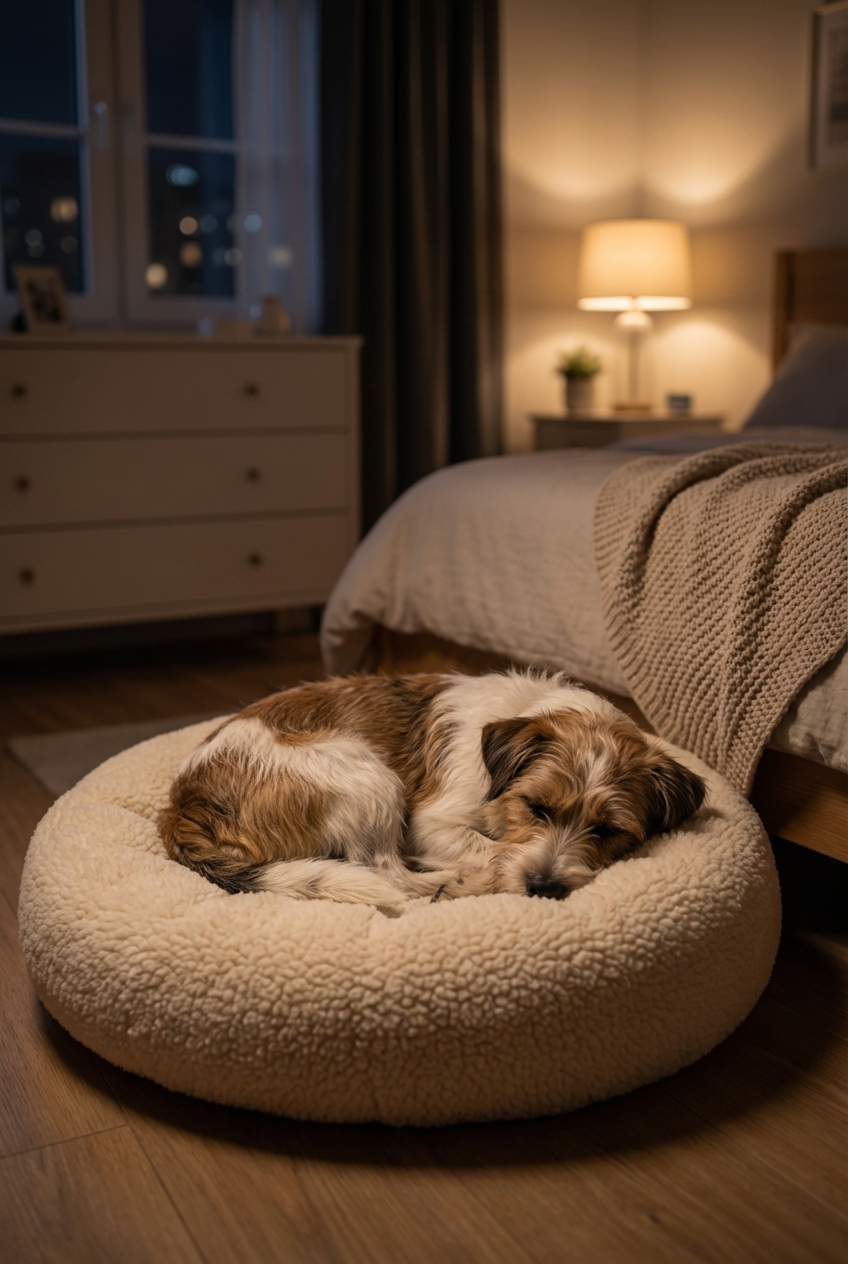 A small mixed-breed dog resting on a cozy dog bed in a dim bedroom at night