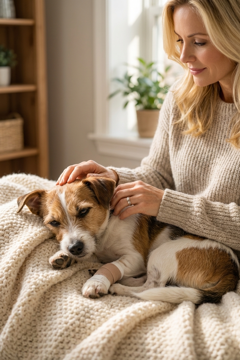 A small mixed breed dog resting on a soft blanket at home with a gentle owner’s hand nearby, calm recovery scene in warm natural light, realistic photo