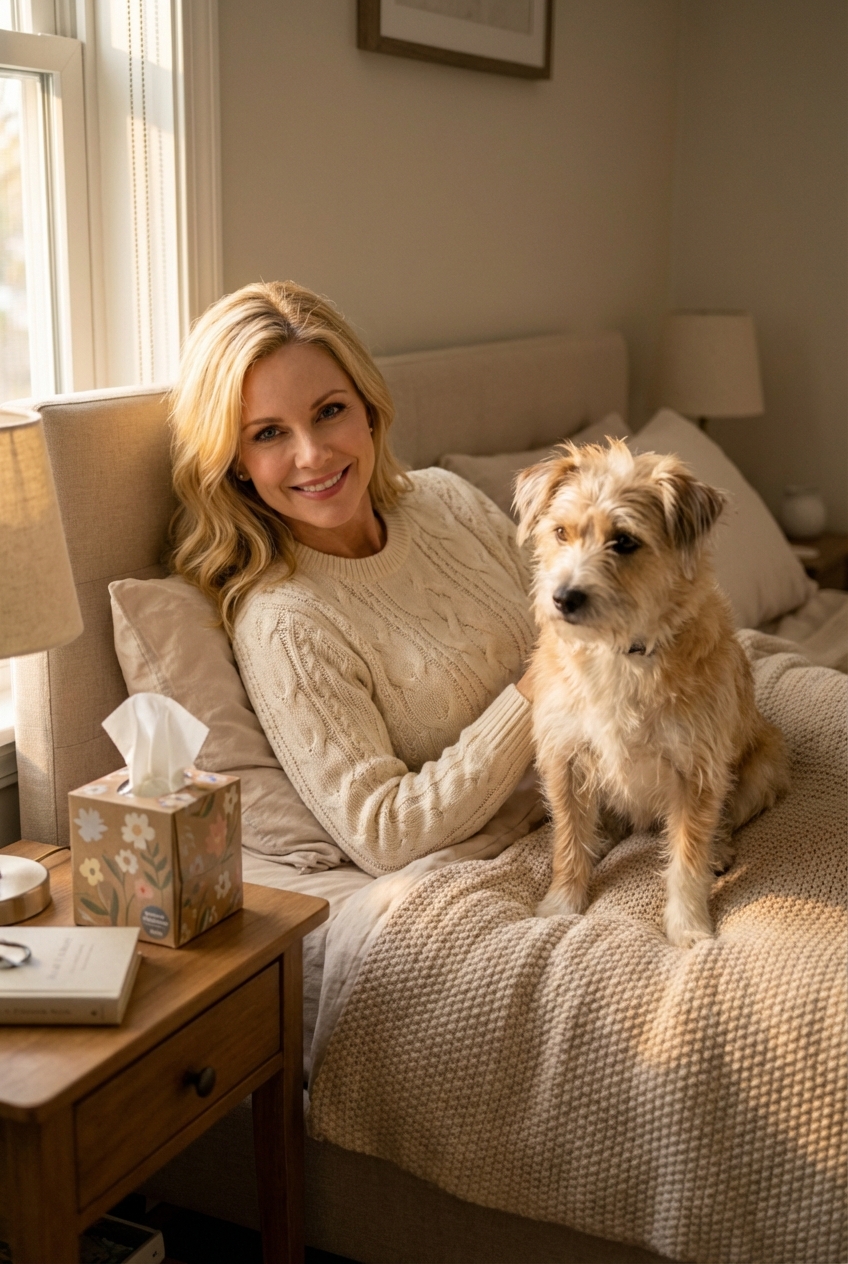 A small mixed-breed dog sitting alert beside a person in bed with a tissue box on a nightstand