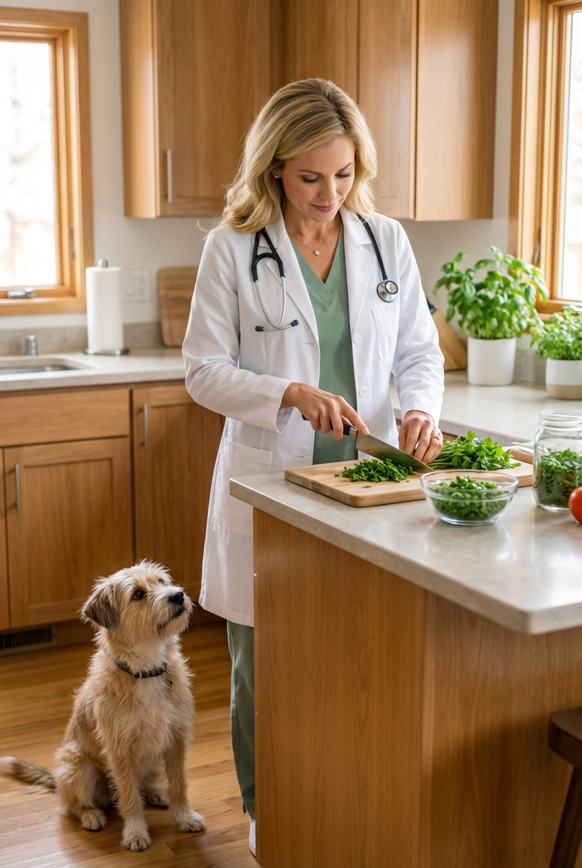 A small mixed-breed dog sitting beside a kitchen counter while a person chops fresh herbs on a wooden cutting board