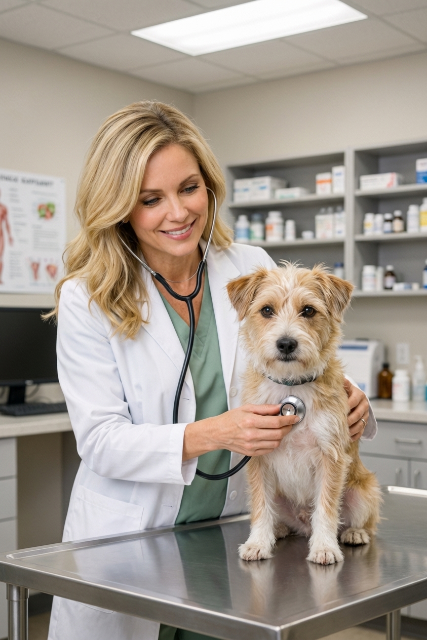 A small mixed-breed dog sitting calmly on a veterinary exam table while a veterinarian gently listens to its chest with a stethoscope, clinical setting with neutral lighting