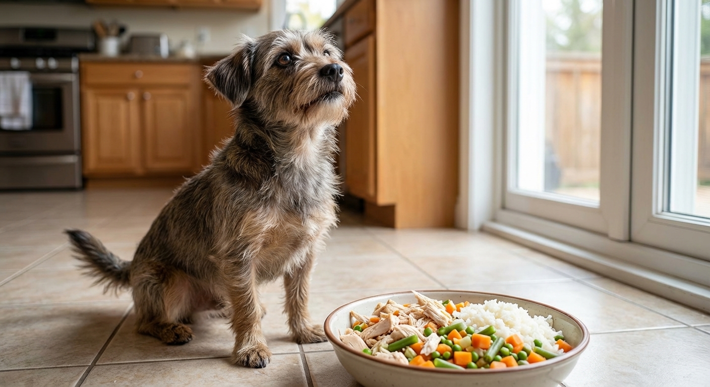 A small mixed-breed dog sitting on a kitchen floor looking up at a ceramic bowl filled with freshly cooked chicken, rice, and chopped vegetables, natural window light, photorealistic