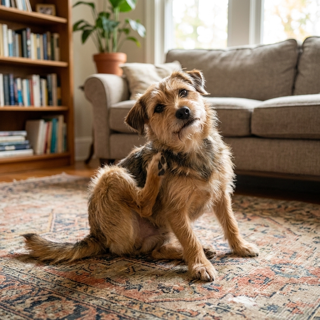A small mixed-breed dog sitting on a rug in a living room and scratching its neck with a hind leg, candid real-life photo