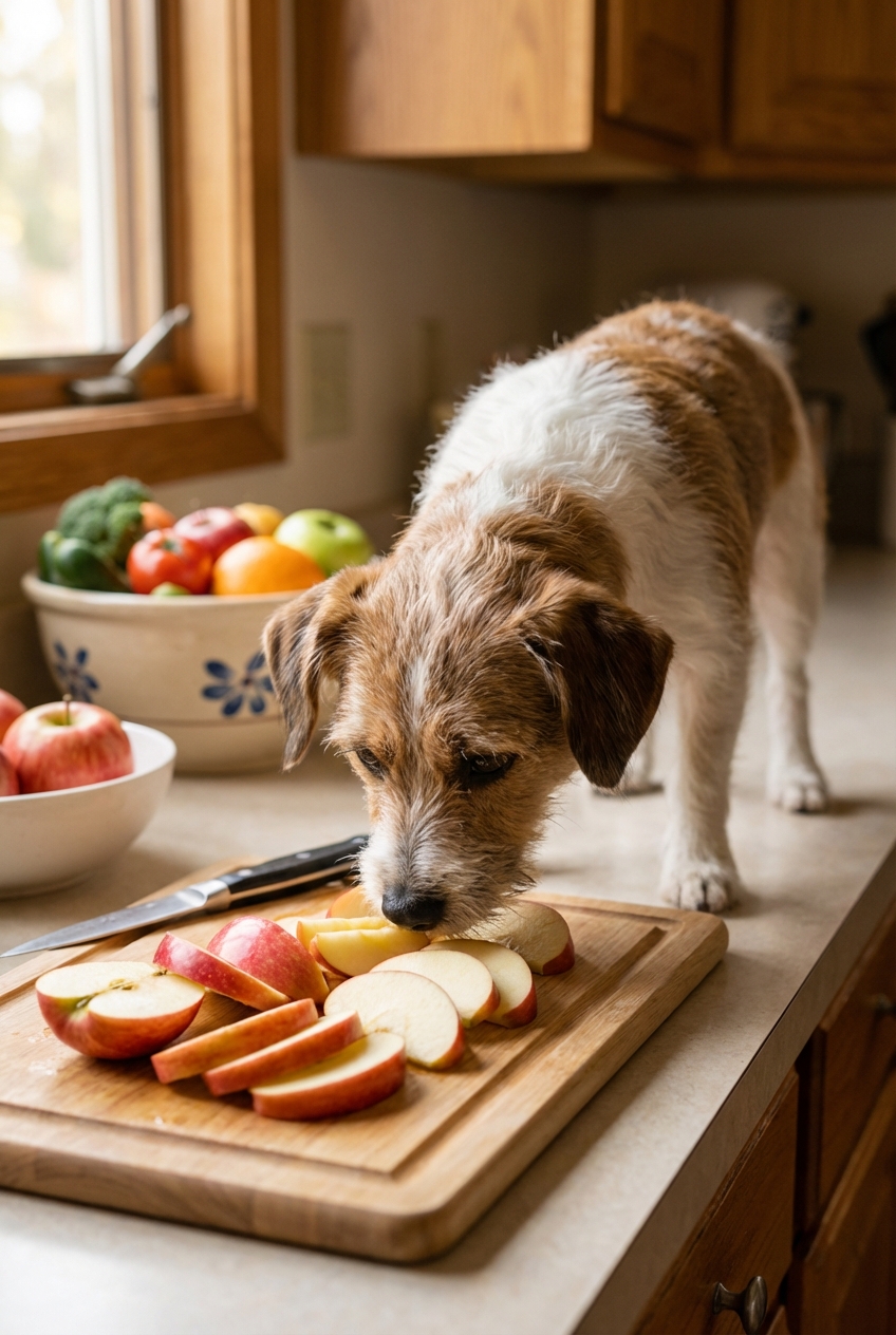 A small mixed-breed dog sniffing apple slices on a wooden cutting board