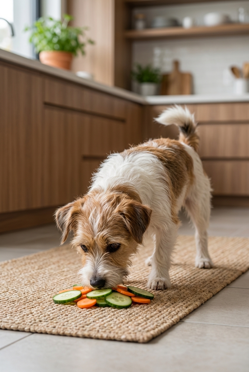 A small mixed-breed dog sniffing thinly sliced cucumber and carrot pieces on a clean kitchen mat