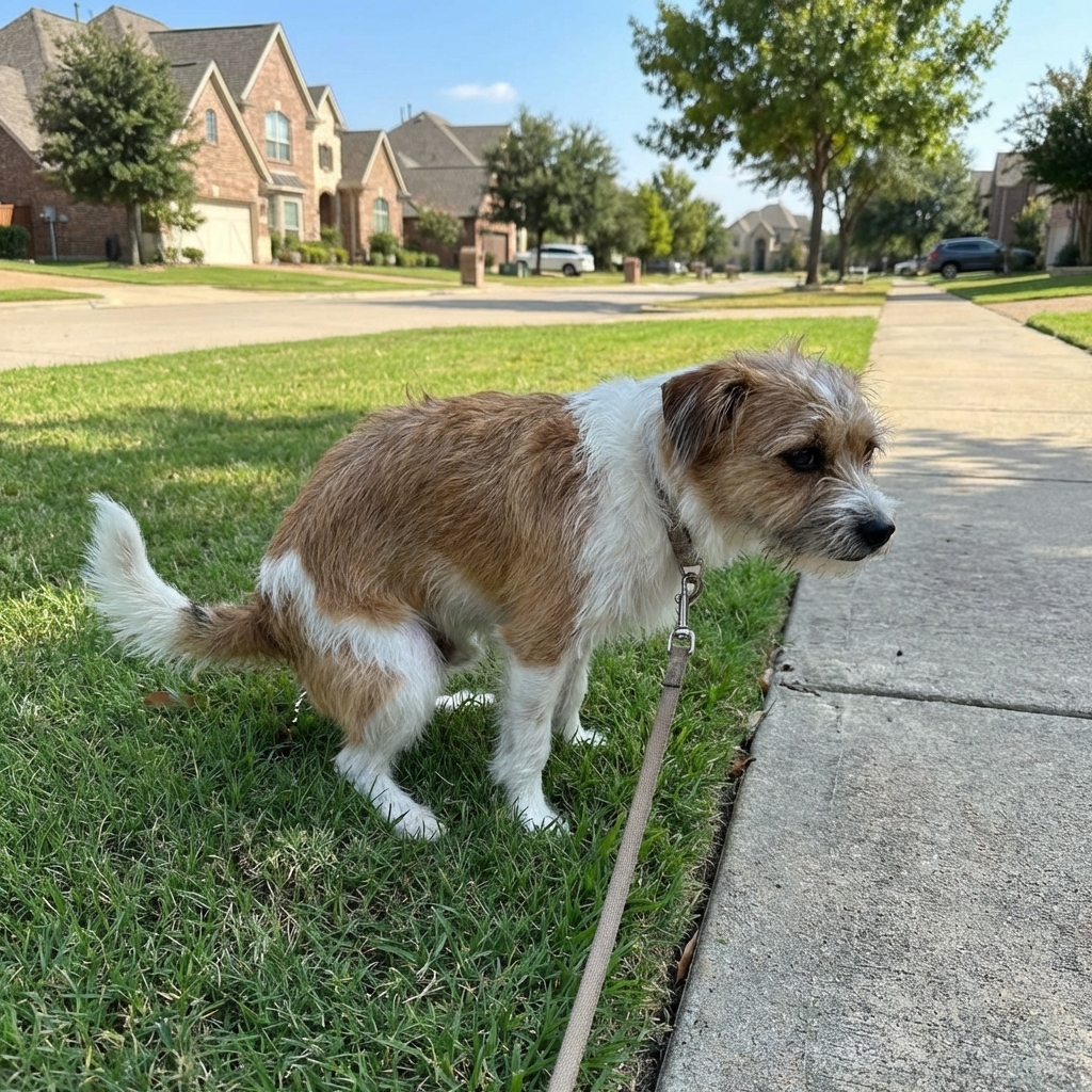 A small mixed-breed dog squatting to urinate on a grassy patch during a neighborhood walk