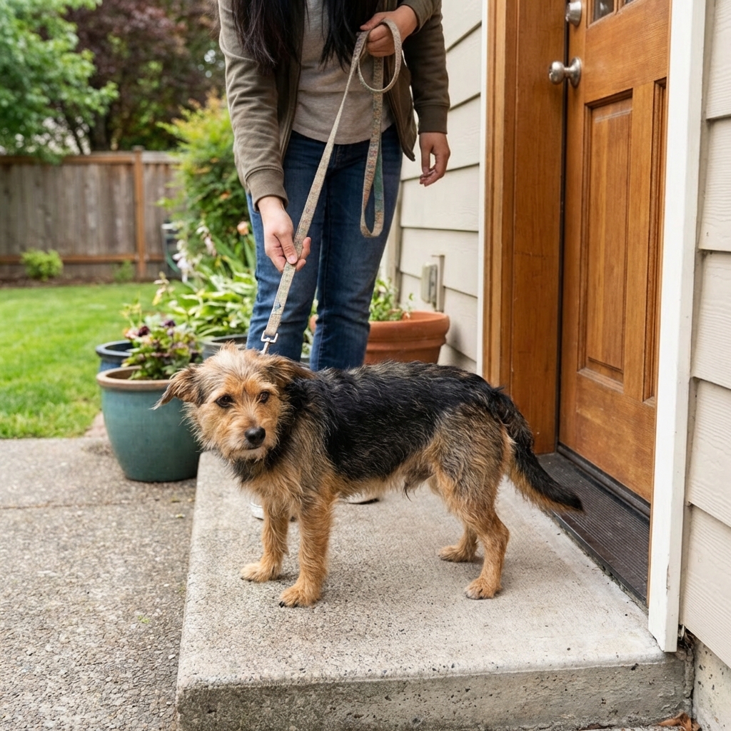A small mixed-breed dog standing next to a back door looking uncomfortable while a person holds a leash