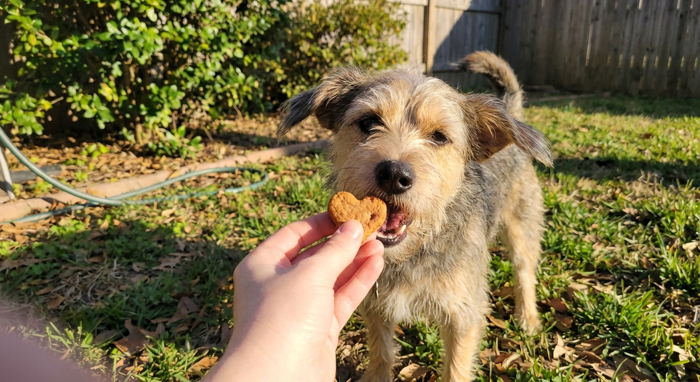 A small mixed-breed dog taking a homemade treat from a person’s hand in a sunny backyard