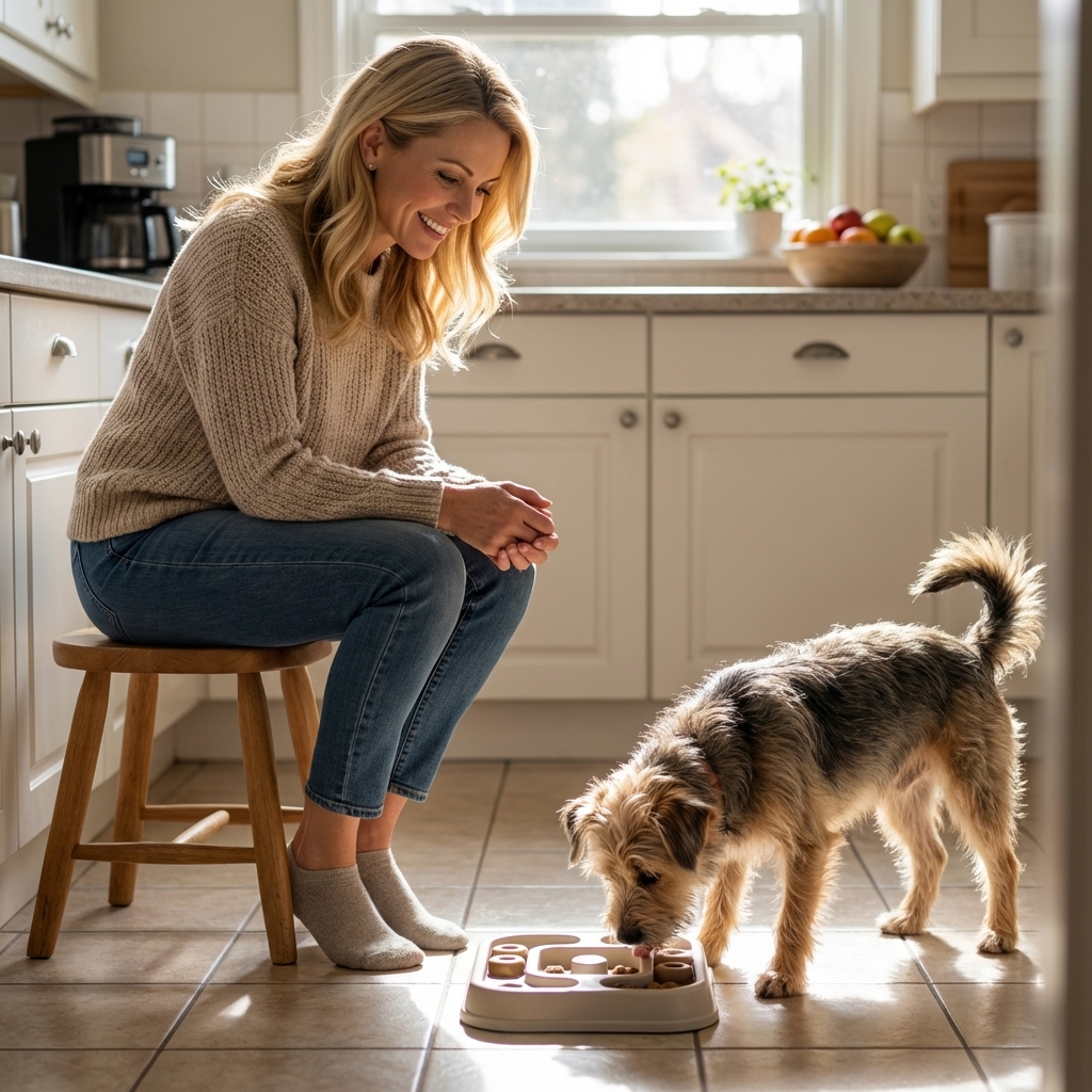 A small mixed breed dog using a puzzle feeder toy on a kitchen floor while a person watches nearby, natural indoor light, photorealistic lifestyle photography