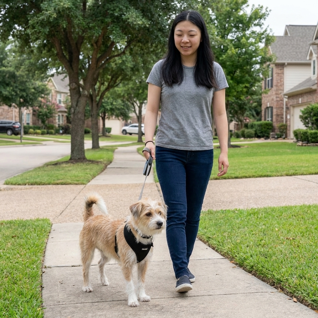 A small mixed-breed dog wearing a chest harness walking calmly on a leash in a quiet neighborhood, real-life photo style
