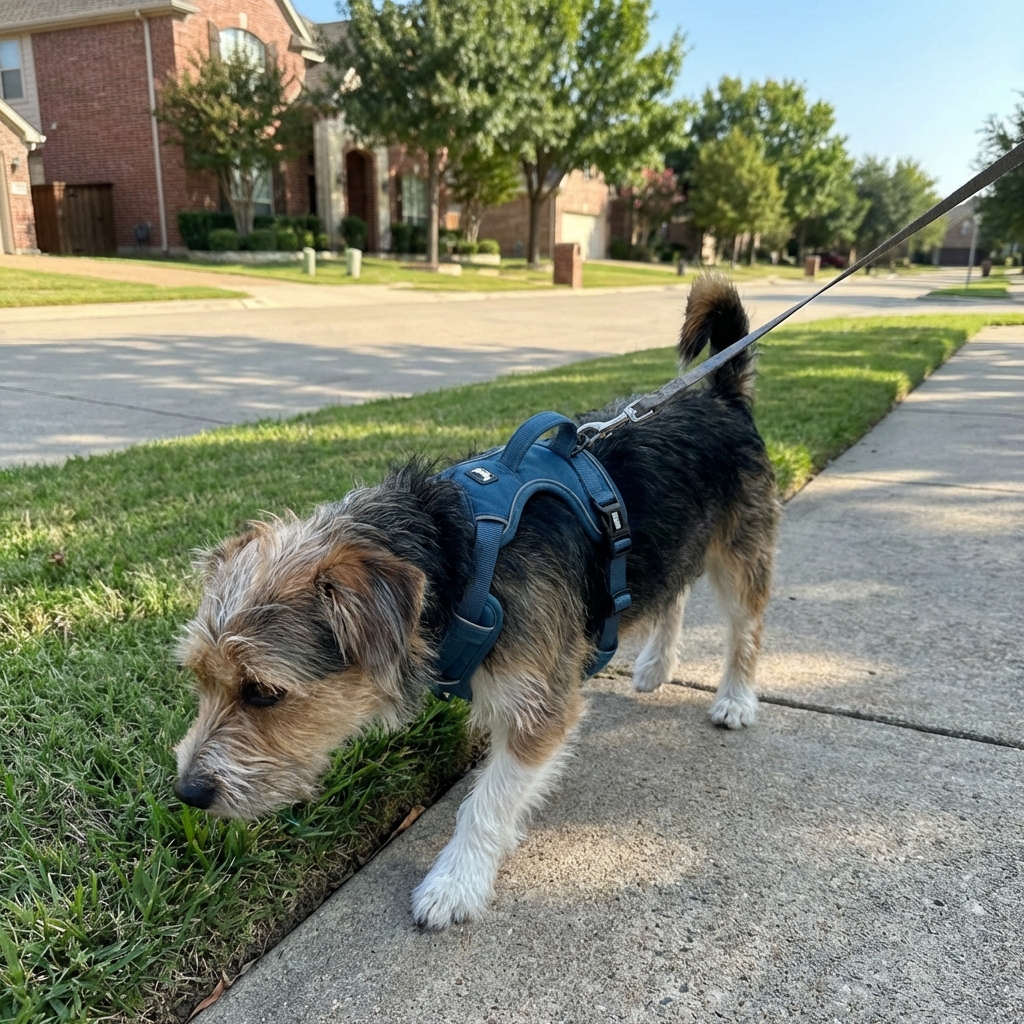 A small mixed-breed dog wearing a comfortable harness on a quiet neighborhood walk