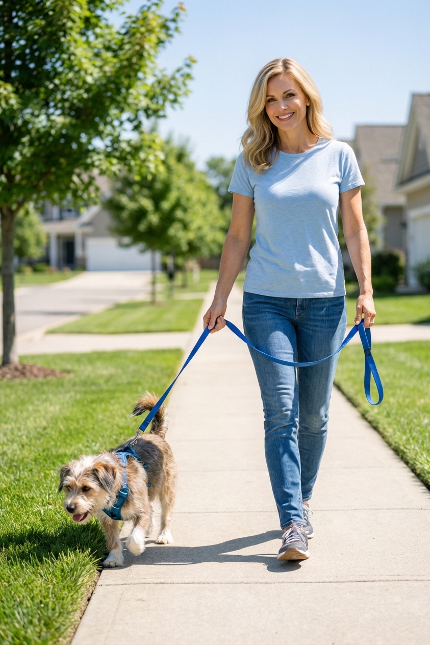 A small mixed-breed dog wearing a harness on a sidewalk during a neighborhood walk, owner holding the leash loosely, bright daytime photo