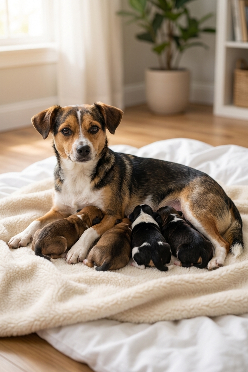 A small mixed-breed mother dog lying on clean bedding while several young puppies nurse, natural indoor light, realistic photo