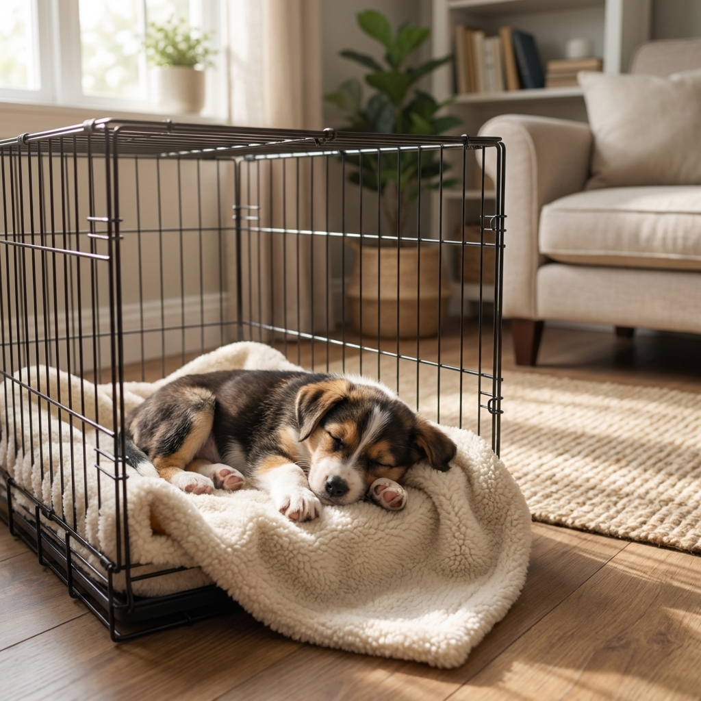 A small mixed-breed puppy asleep on a soft blanket inside an open crate in a quiet living room, natural light photo