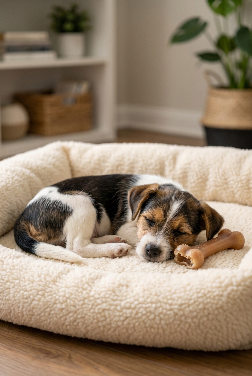 A small mixed-breed puppy resting with a chew toy on a soft dog bed
