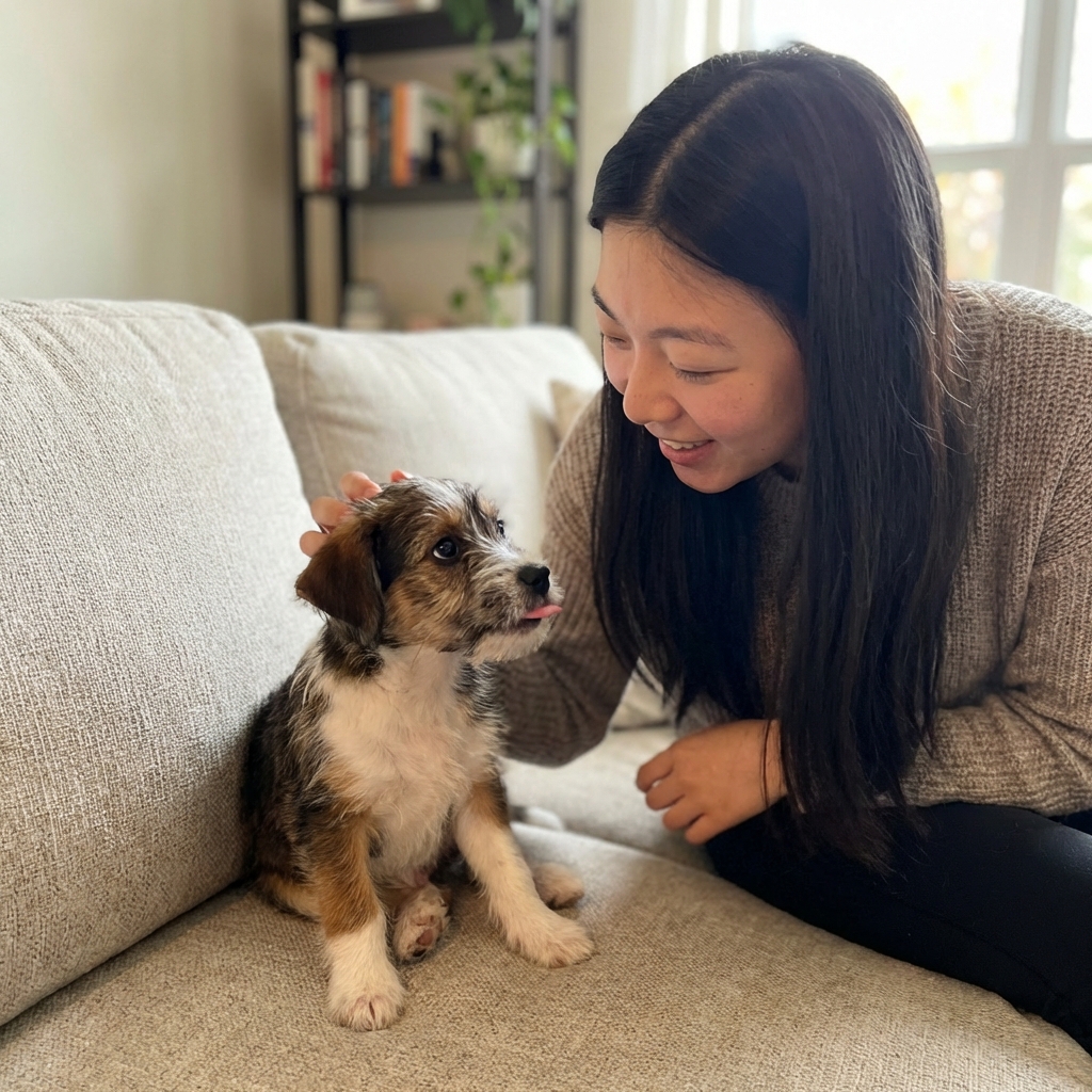 A small mixed-breed puppy sitting on a couch with its tongue slightly out, looking up at an owner