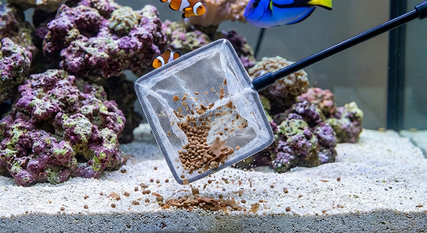 A small net removing uneaten food from the bottom of a saltwater aquarium