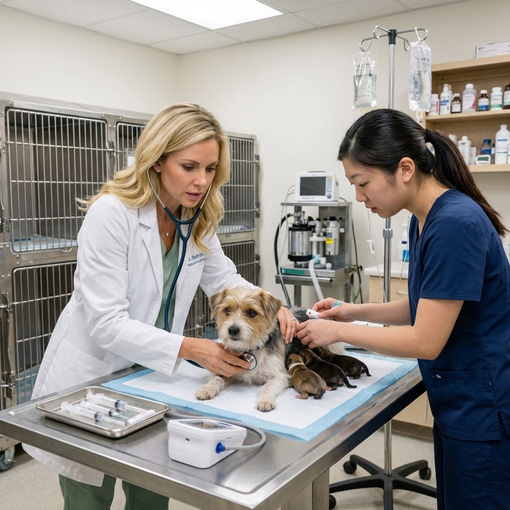 A small nursing dog on a veterinary exam table while a veterinarian and technician assess her quickly in an emergency room setting, realistic photo