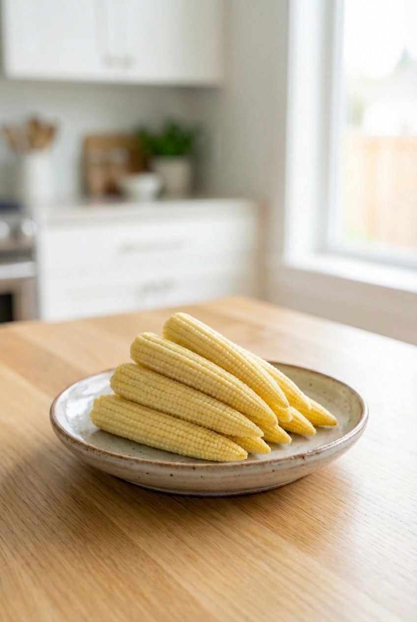 A small pile of baby corn on a plate