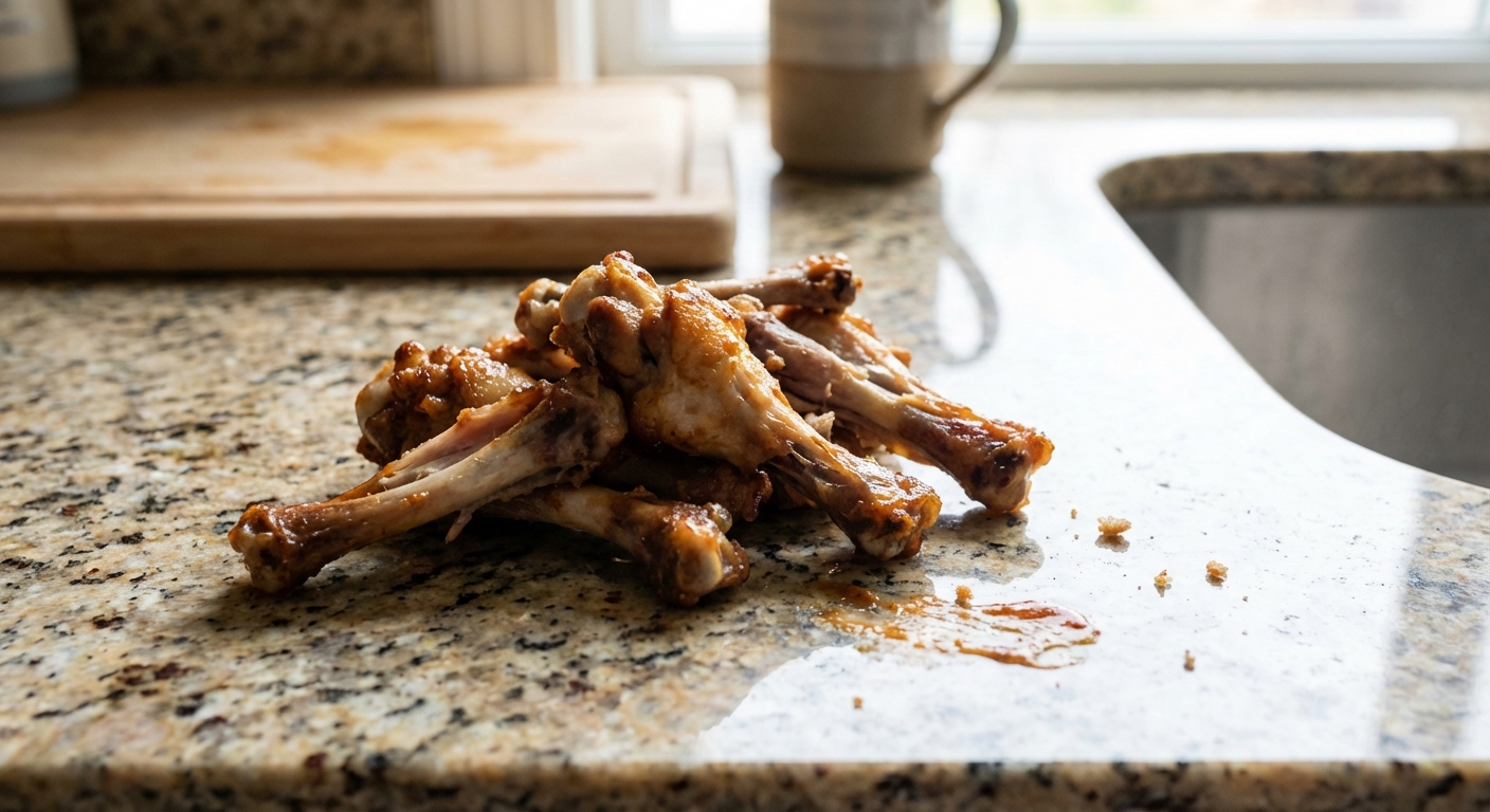 A small pile of cooked chicken wing bones on a kitchen counter