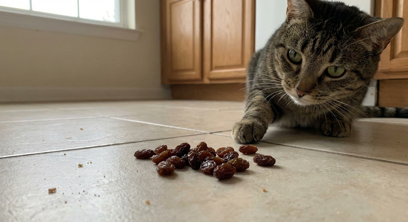 A small pile of raisins spilled on a kitchen floor near a curious cat