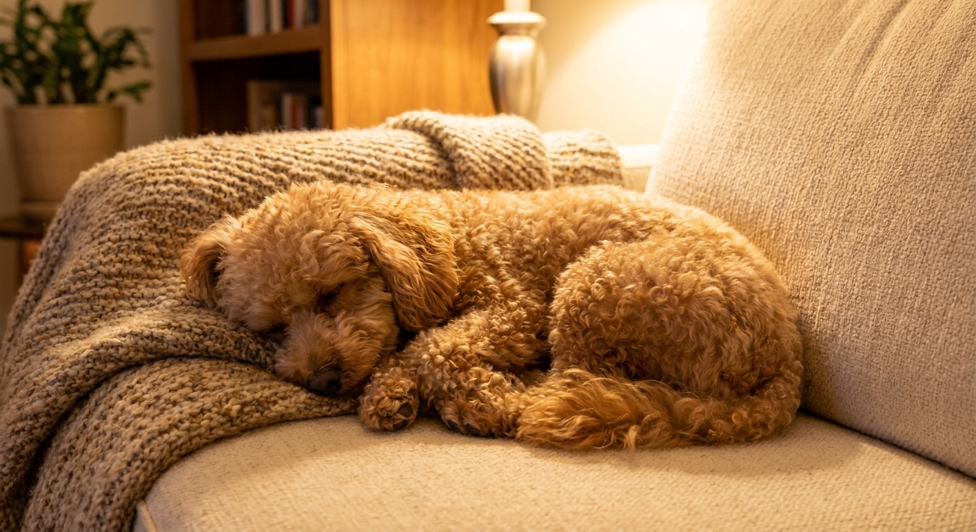 A small poodle mix dog curled up asleep on a cozy couch with a soft blanket in warm indoor light, realistic photography