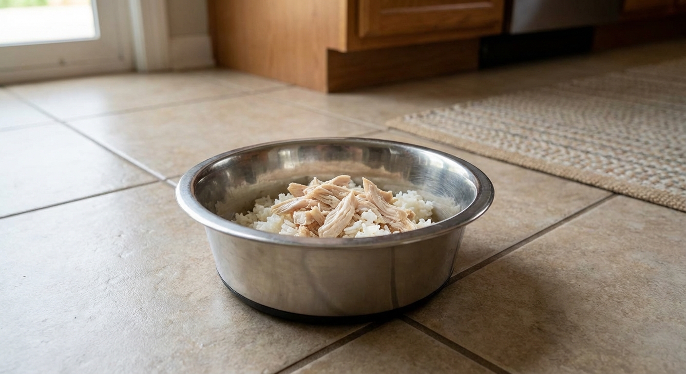 A small portion of plain shredded chicken and white rice in a dog bowl on a kitchen floor