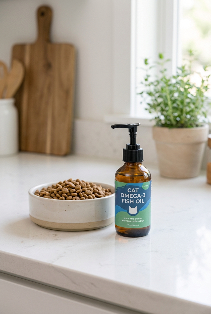 A small pump bottle of fish oil supplement next to a cat food bowl on a kitchen counter