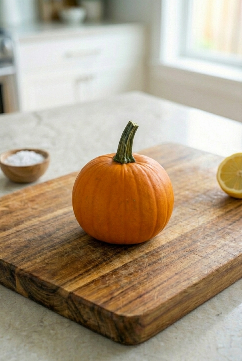 A small pumpkin on a wooden table