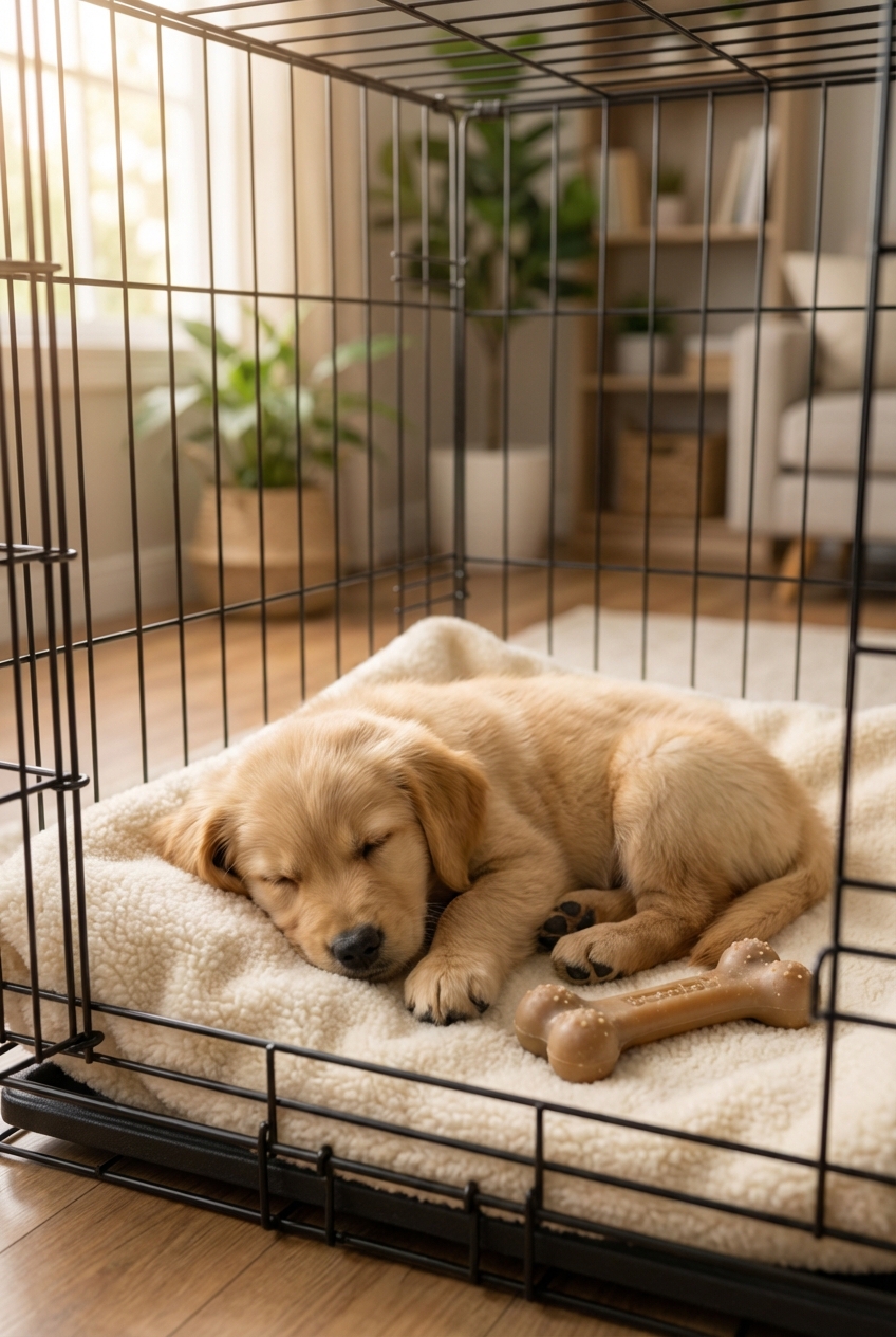 A small puppy asleep in a crate with a light blanket and a chew toy nearby