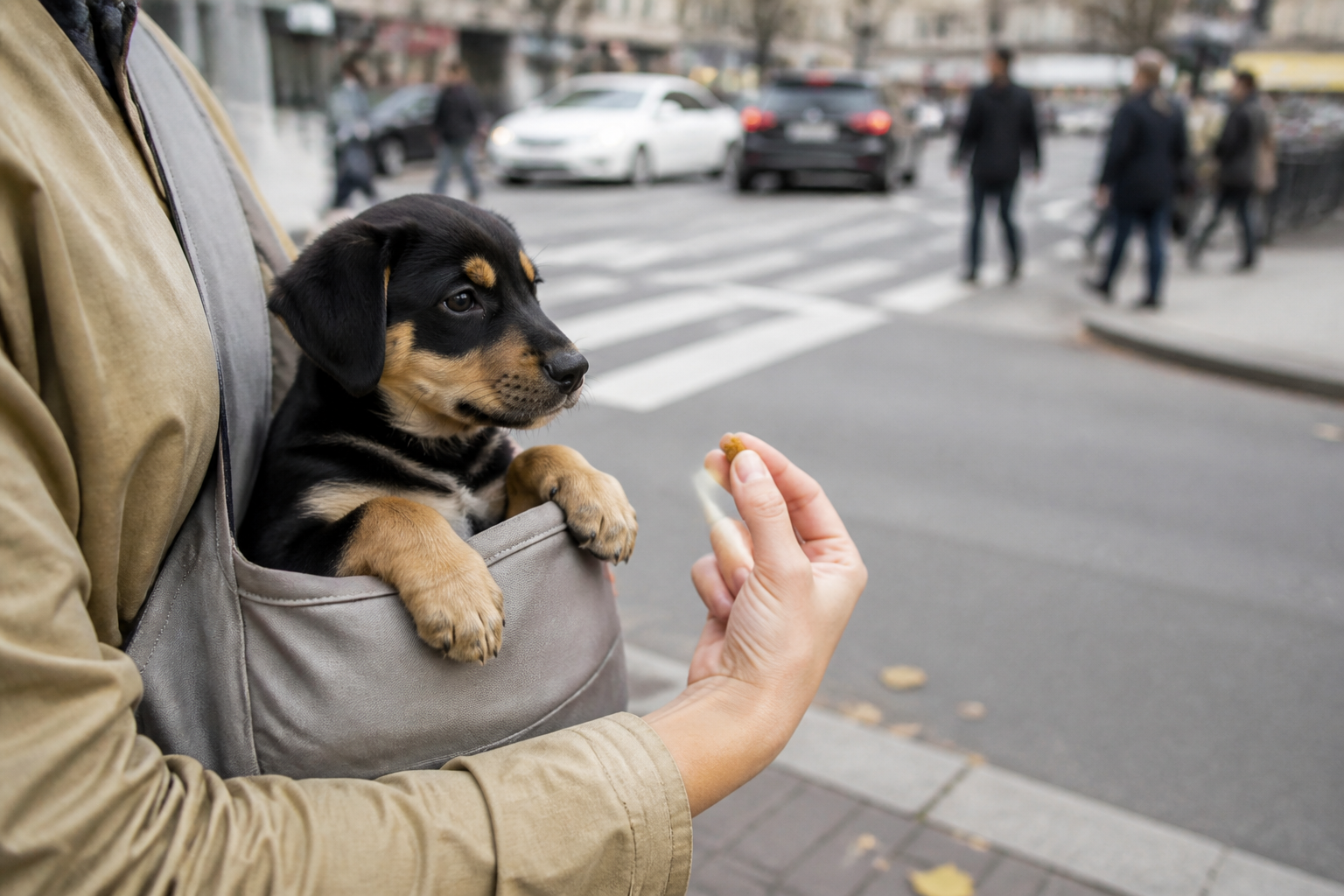 A small puppy being carried in an owner's arms on a neighborhood sidewalk, avoiding contact with shared ground