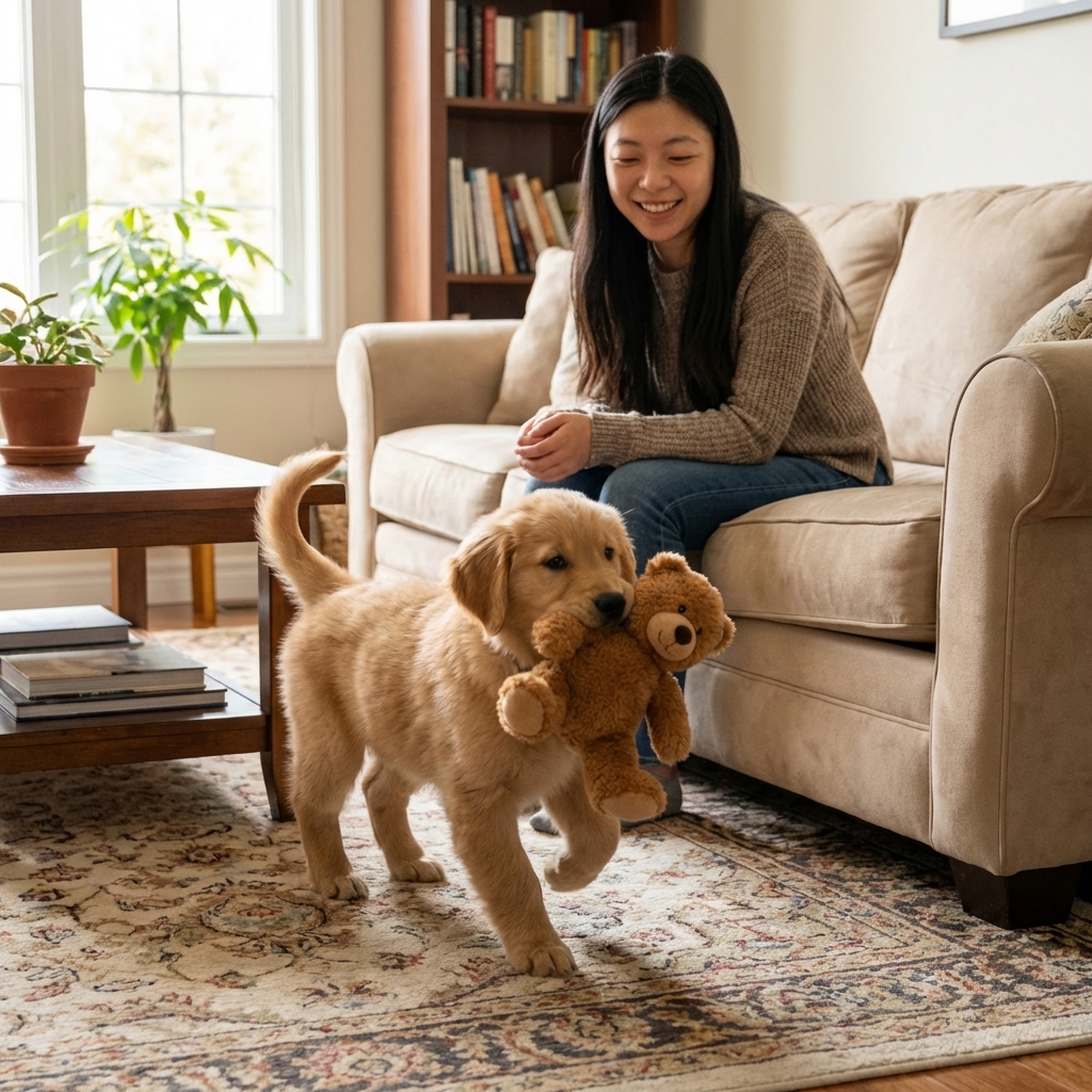 A small puppy carrying a soft plush toy across a living room toward a seated person