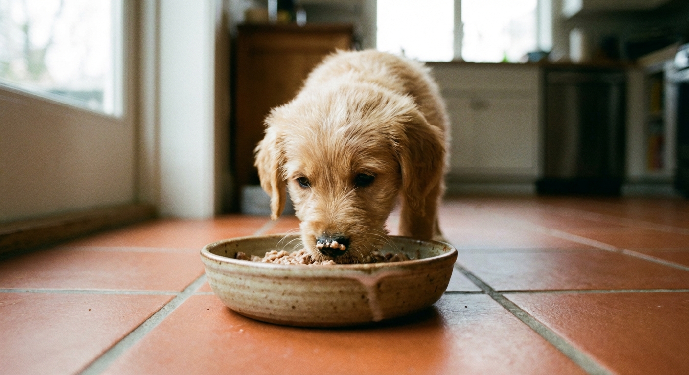 A small puppy eating wet food from a ceramic bowl on a clean tile floor, shallow depth of field, photorealistic
