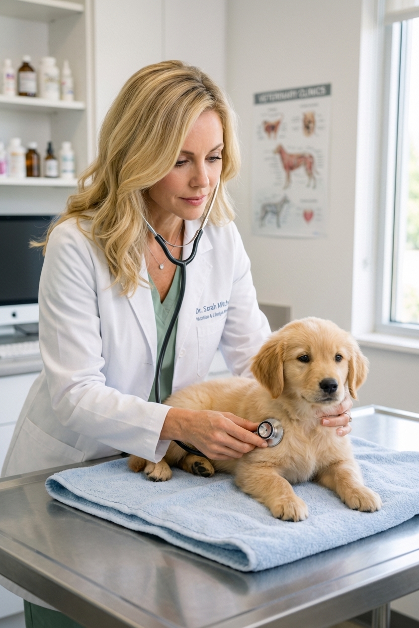 A small puppy lying on a soft towel in a veterinary exam room while a veterinarian gently checks vital signs, realistic documentary-style photograph