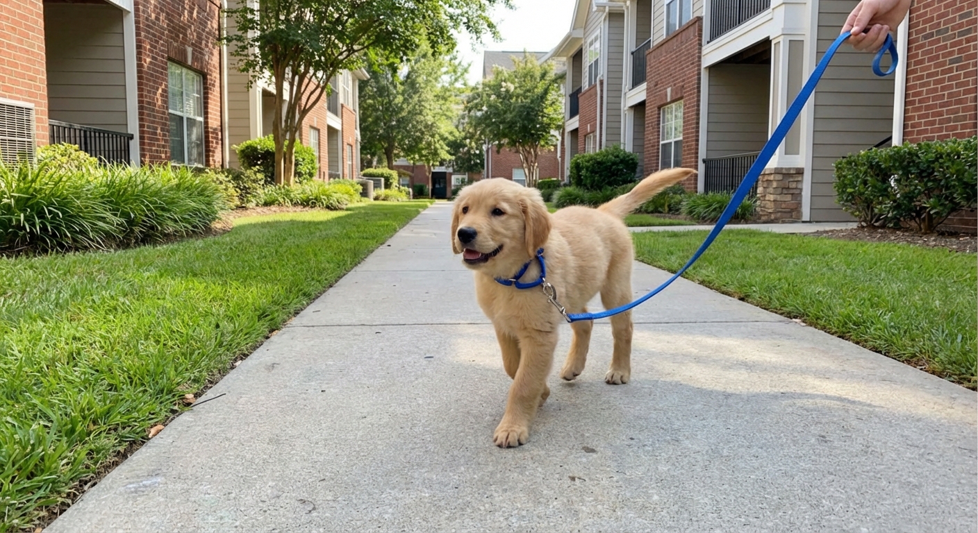 A small puppy on a leash on an apartment walkway heading toward a grassy area