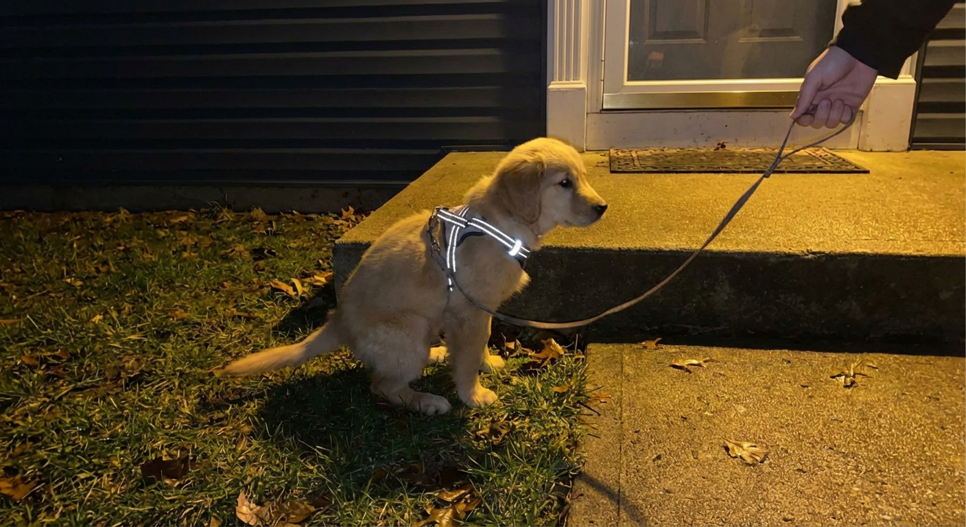 A small puppy on a leash outside at night near a porch light for a quick potty break