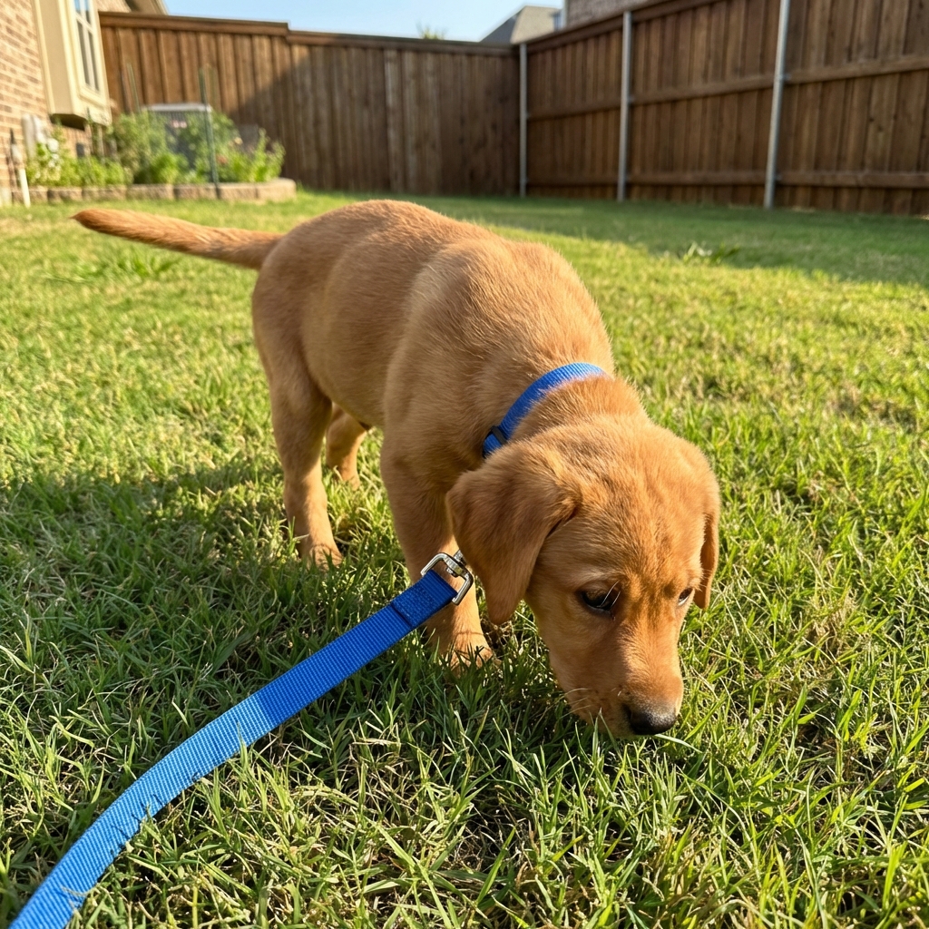 A small puppy on a leash sniffing a grassy area in a backyard during a potty break