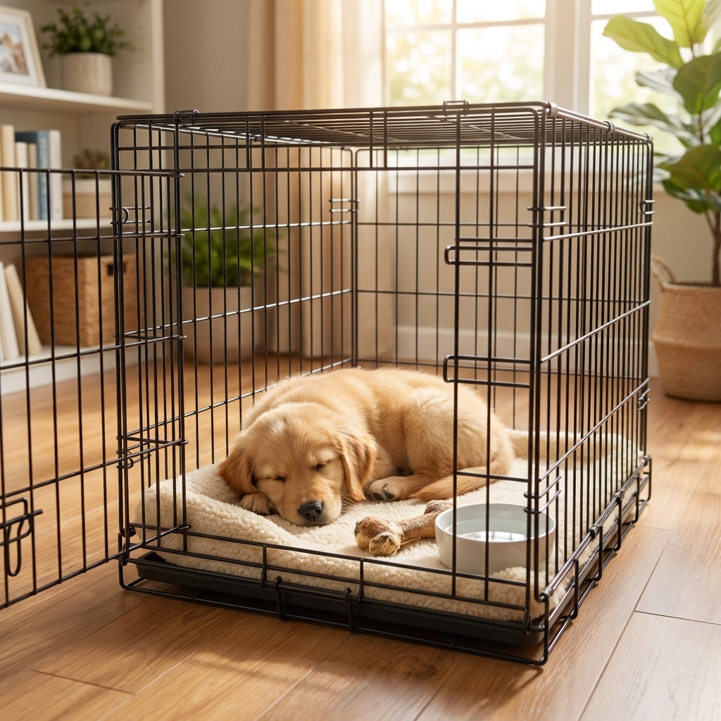 A small puppy resting calmly in a crate at home after a short training session