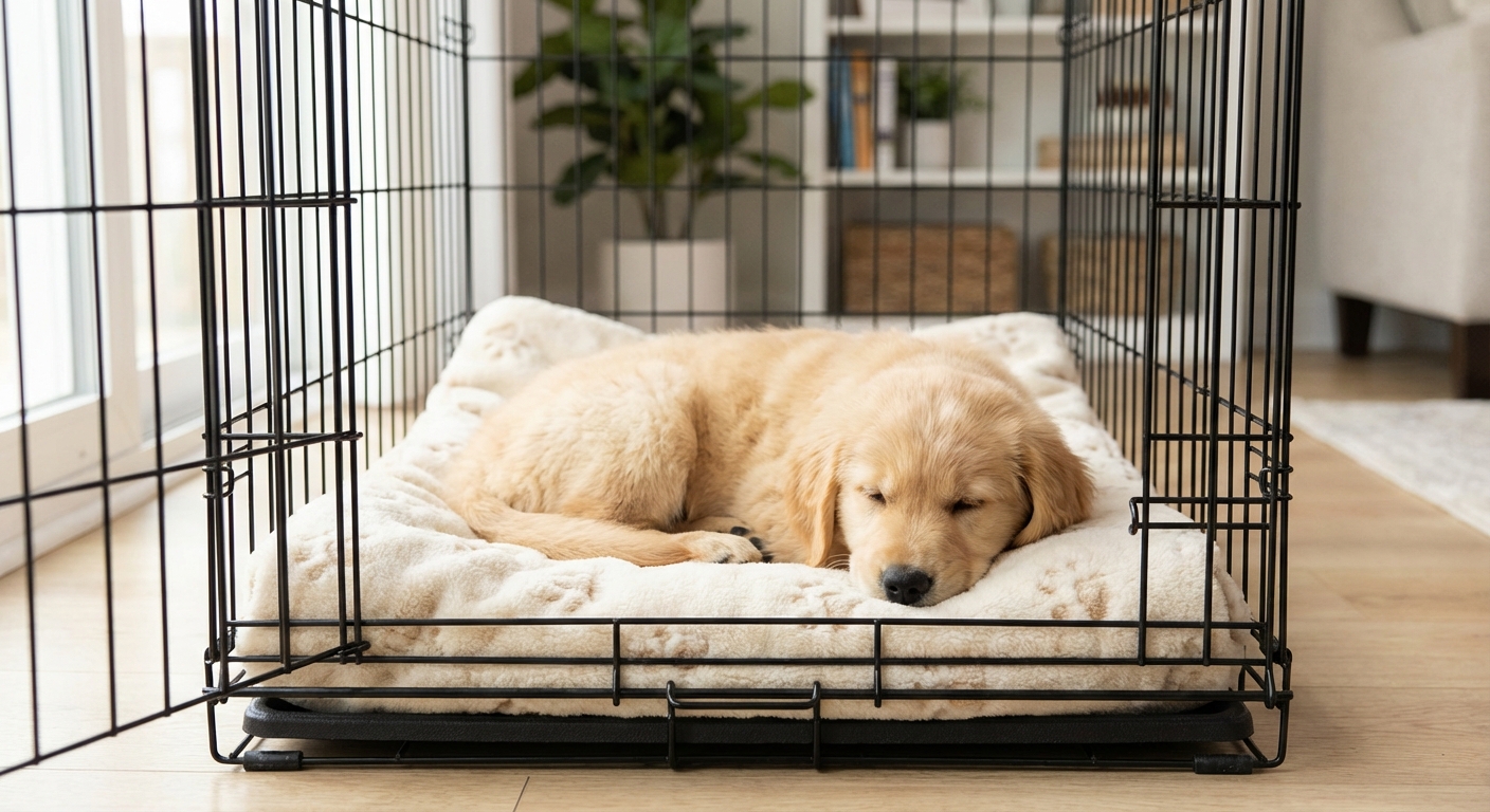 A small puppy resting calmly in an appropriately sized wire crate with a soft blanket