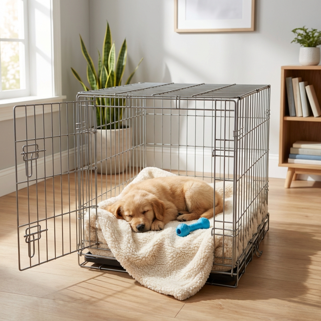 A small puppy resting calmly inside a crate with a soft blanket in a tidy room