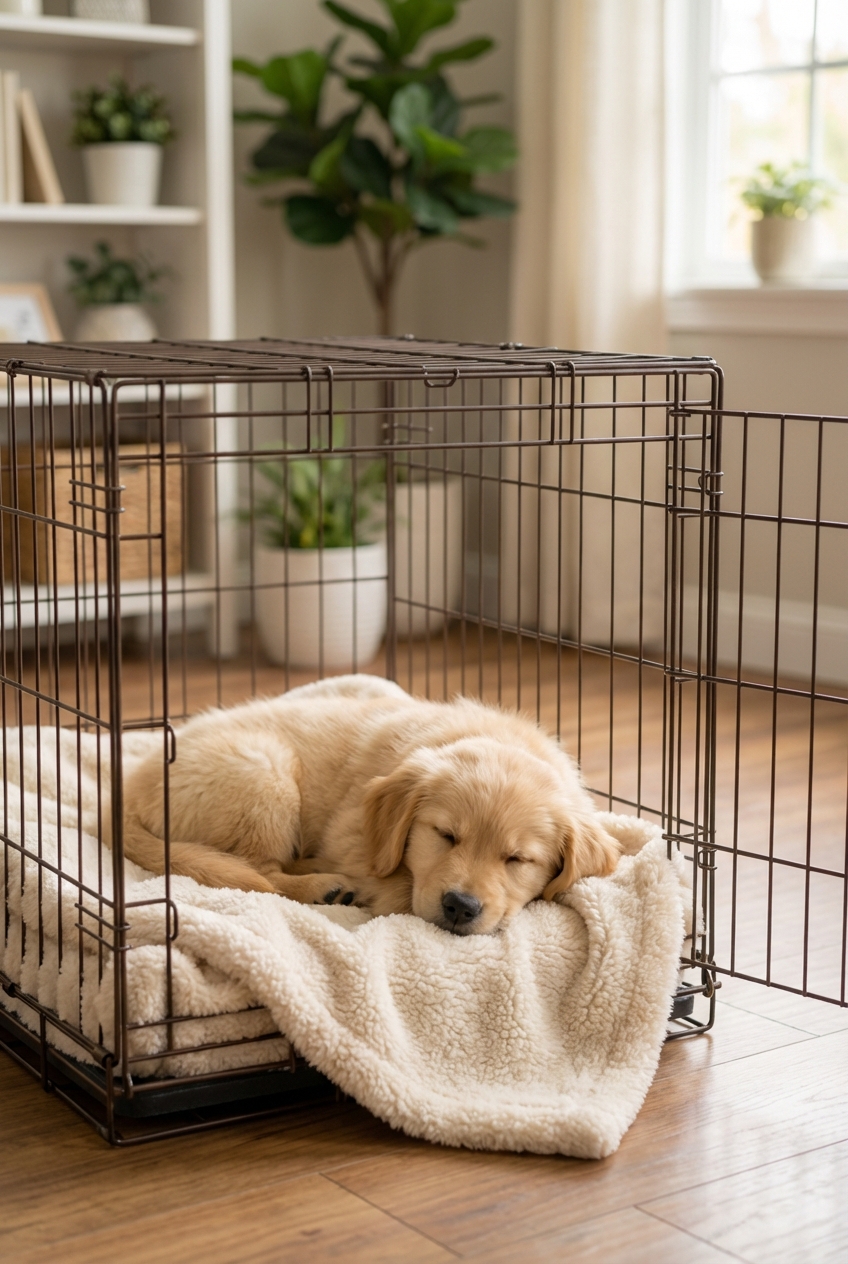 A small puppy resting calmly inside an open crate with a soft blanket