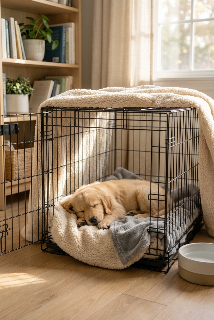 A small puppy resting inside an open crate with a soft blanket in a quiet room