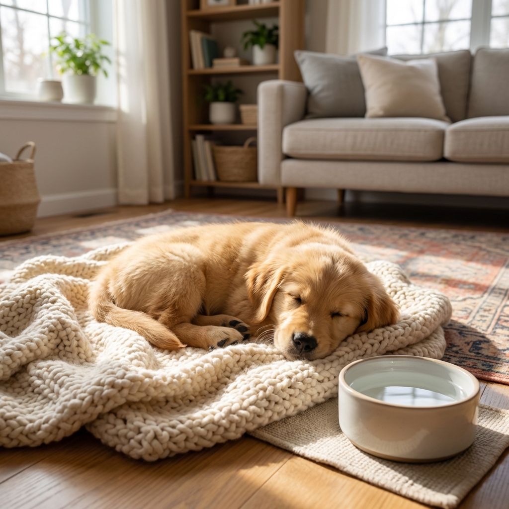 A small puppy resting on a soft blanket in a living room while a water bowl sits nearby