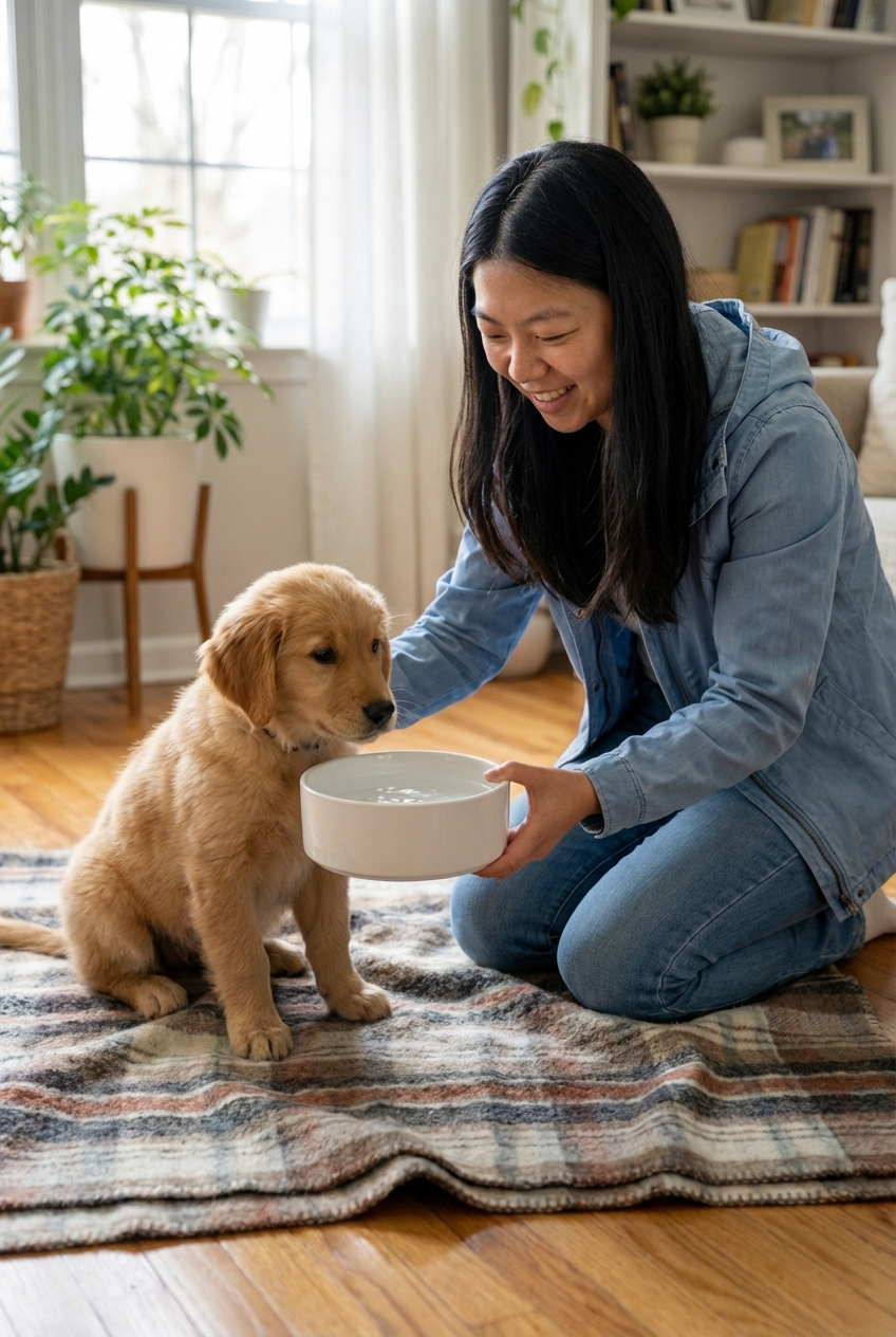 A small puppy sitting on a blanket indoors while a person gently offers a water bowl