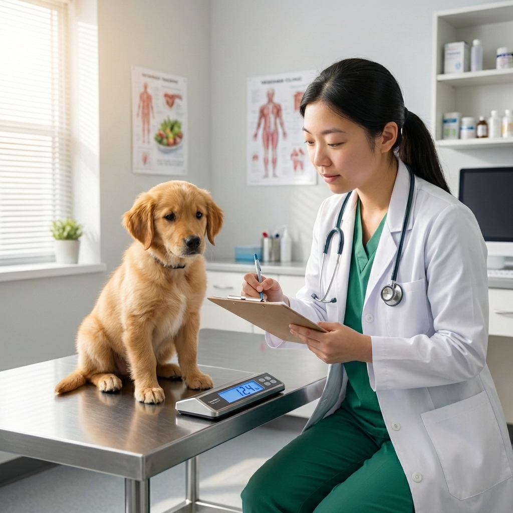 A small puppy sitting on a clinic scale while a veterinary assistant records the weight