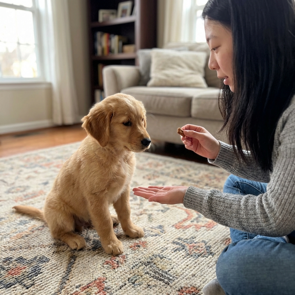 A small puppy sitting on a rug while a person holds out an open palm and a treat in the other hand