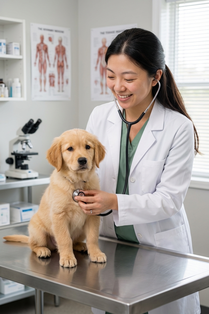 A small puppy sitting on a stainless steel veterinary exam table while a veterinarian gently examines the puppy, clinical setting, photorealistic