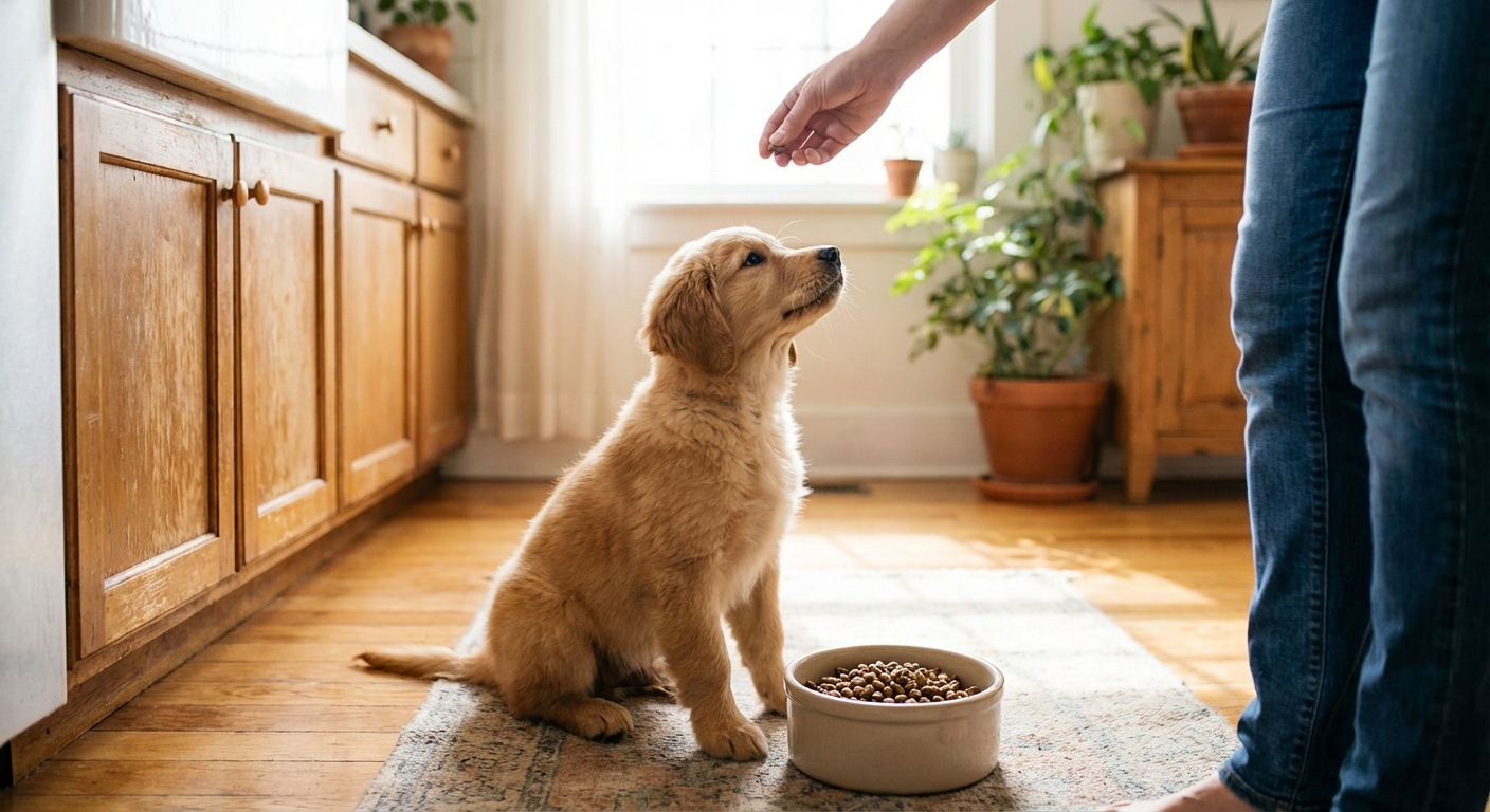A small puppy sitting patiently next to a food bowl in a bright kitchen, looking up at an owner’s hand, candid lifestyle photo, photorealistic