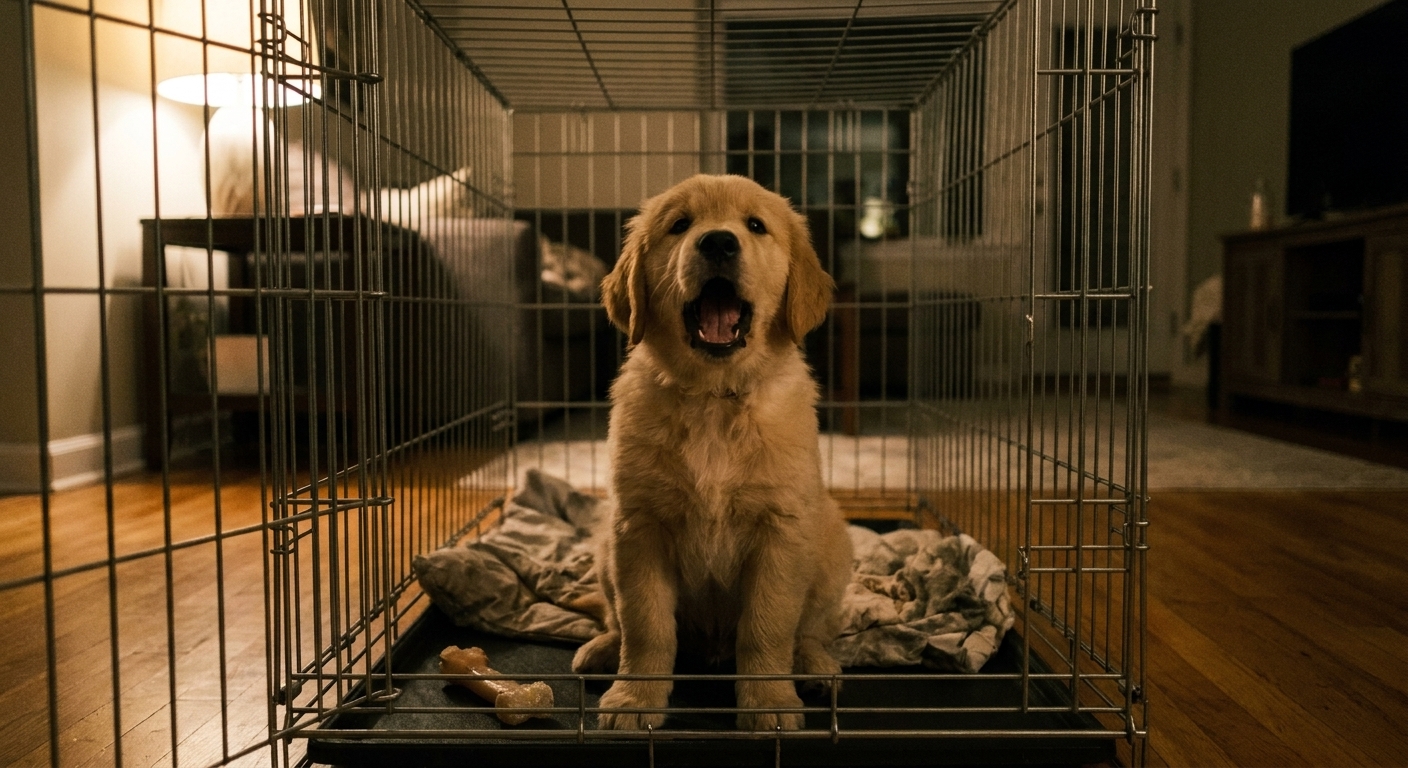 A small puppy sitting upright inside a crate at night with mouth open mid-bark, indoor low-light realistic photography style